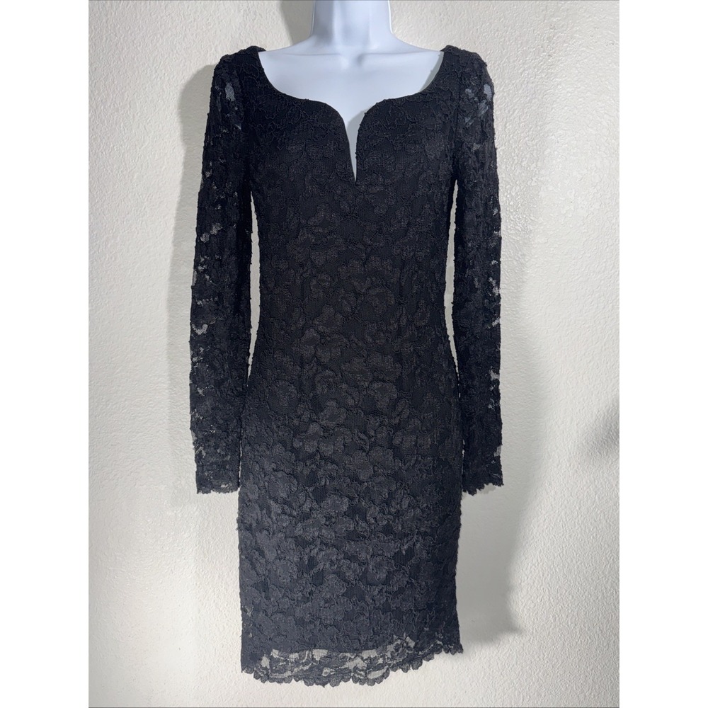 Vintage 90s Scott McClintock Black Floral Lace Bodycon Dress Size 6 Whimsigoth